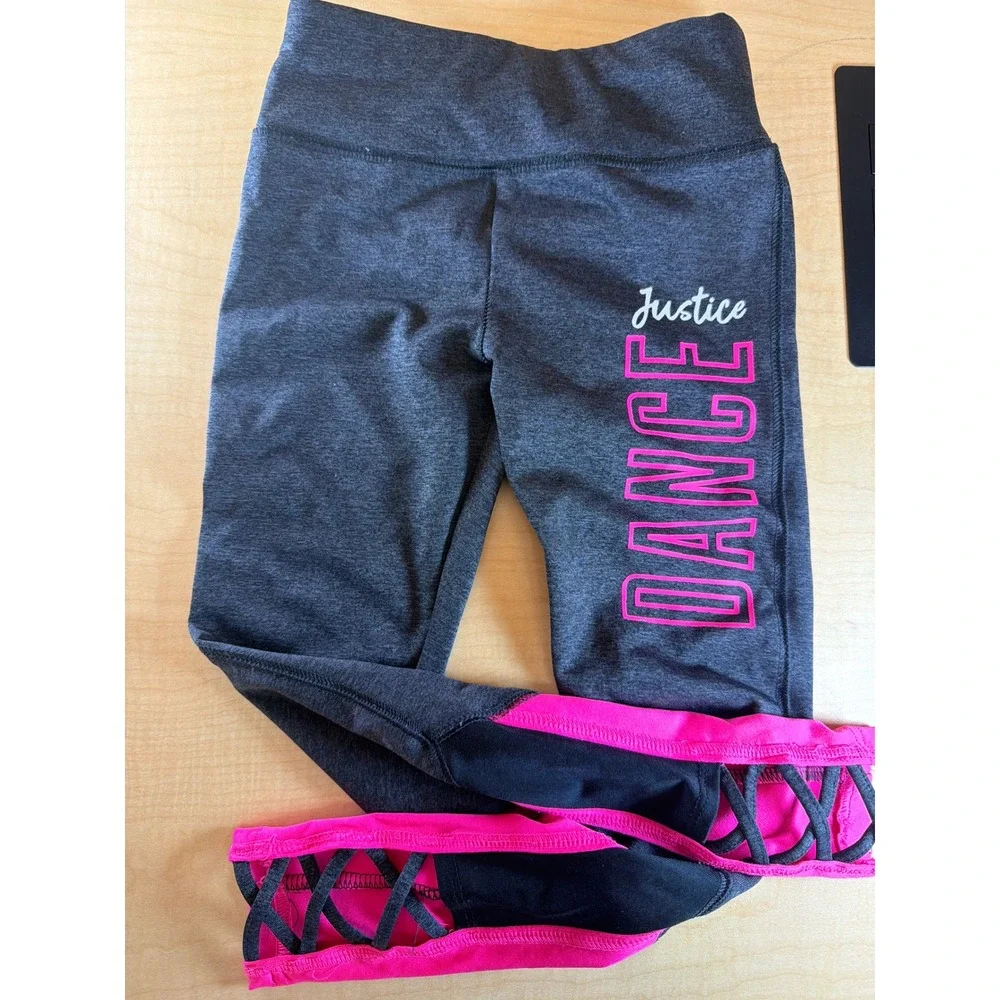 Justice Active Girls Dance Leggings Gray Pink Lattice Ankle Size 6/7